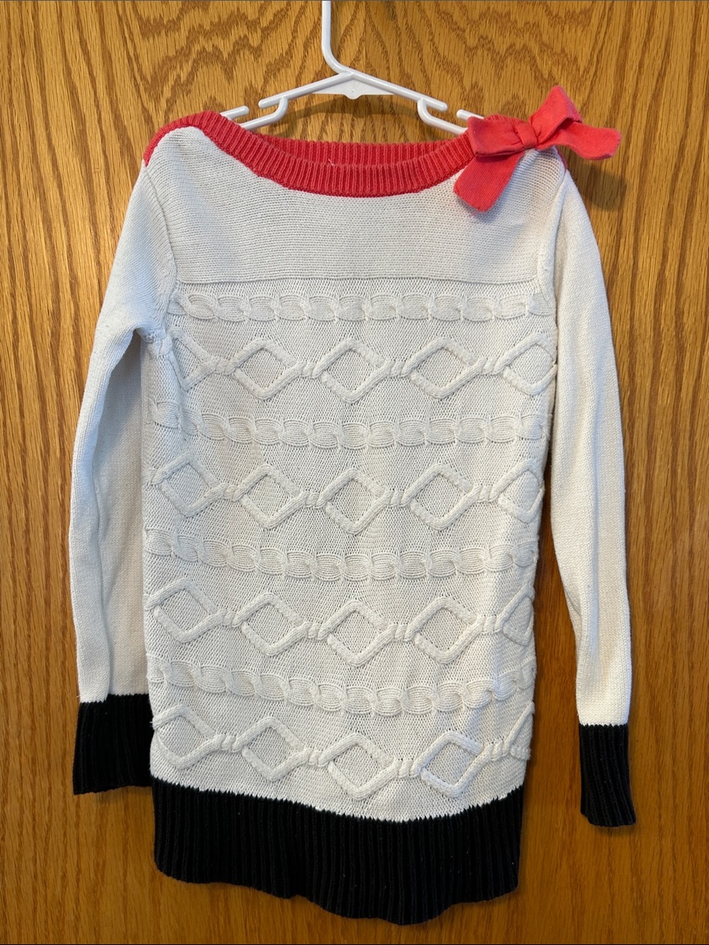 Gymboree Girls Cream Cable Knit Sweater with Pink Trim and Bow Sz M 7-8